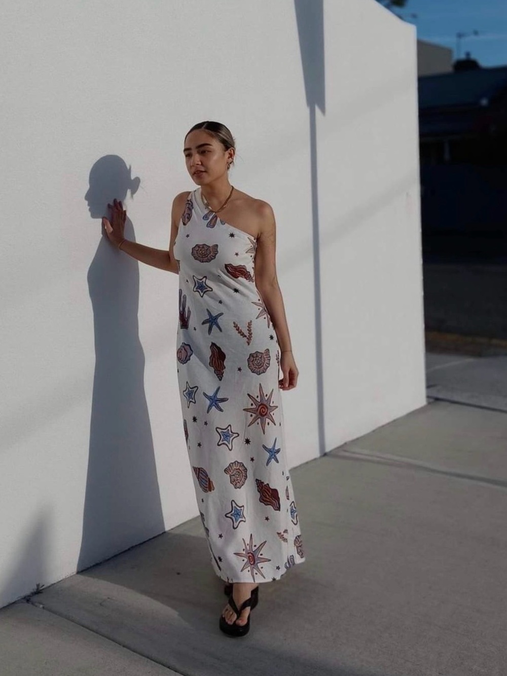 NWOT C&C California White One-Shoulder Maxi Dress with Multicolor Nautical Motif
